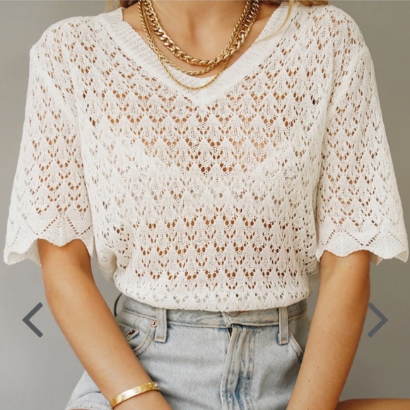 Crochet Knit V Neck Top Sweater White Ivory Coverup Size Small Medium S/M - Picture 2 of 9